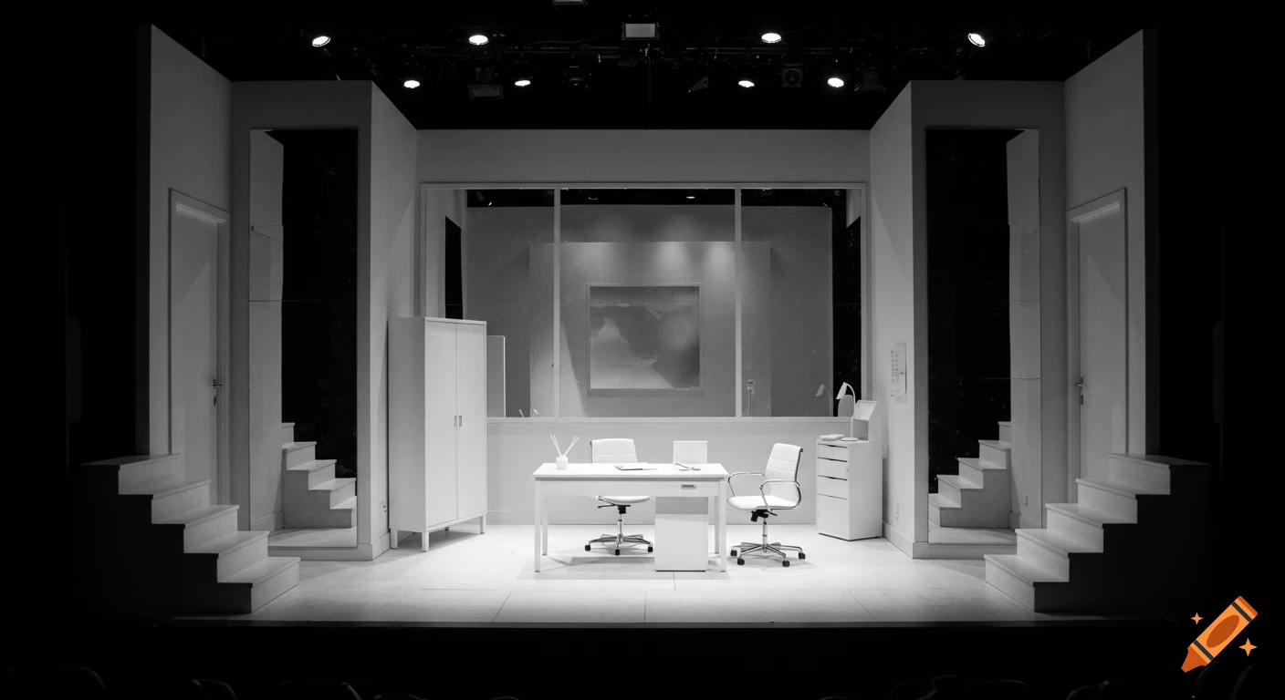 Black box theatre stage set as a white, minimalist office with steps on both sides, a desk, chairs, cabinets, and a large reflective window.