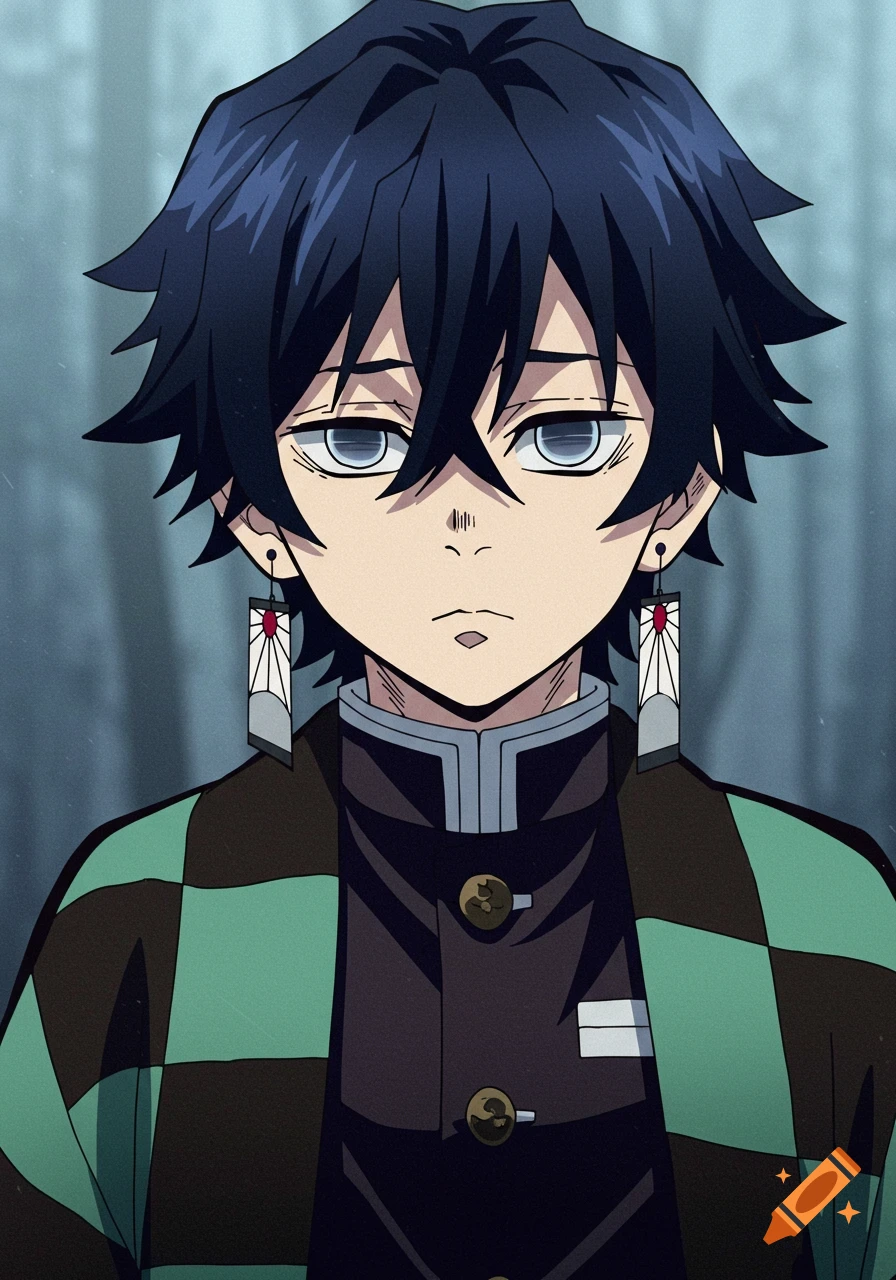 Anime portrait of a teen boy with dark hair, grey eyes, wearing a green/black checkered haori and demon slayer uniform, looking bored.