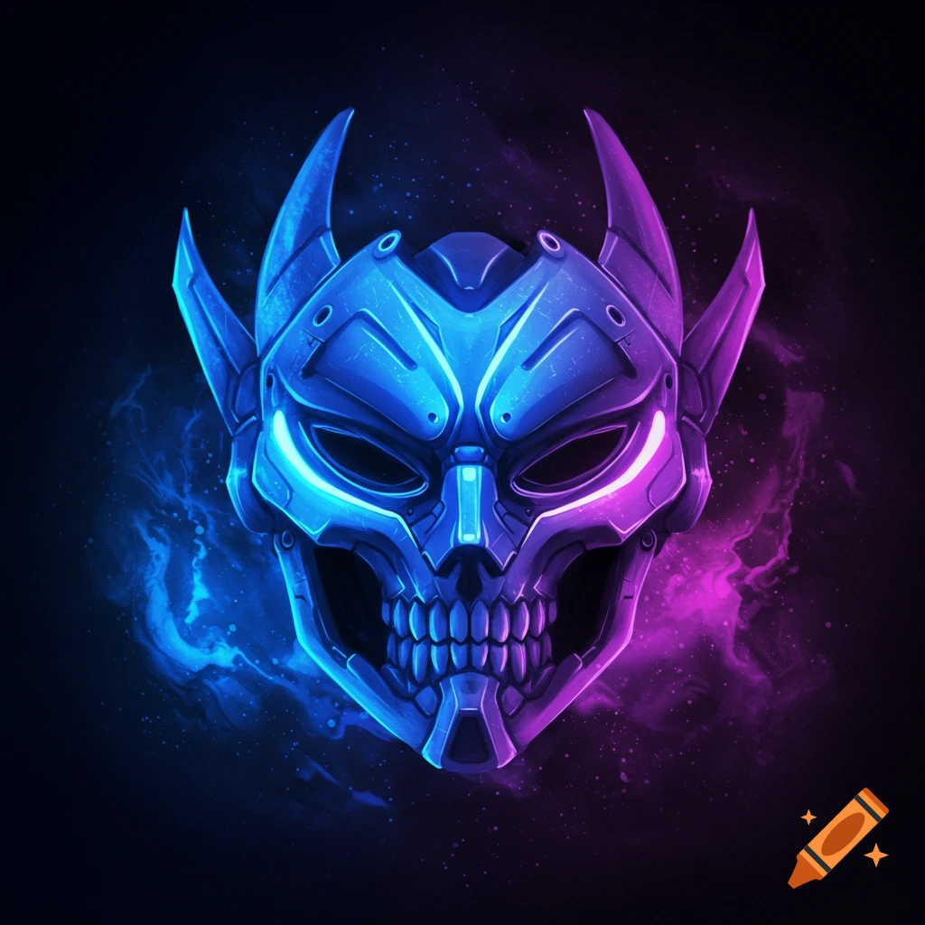 A blue and purple neon mask with horns and a skull mouth against a space background.