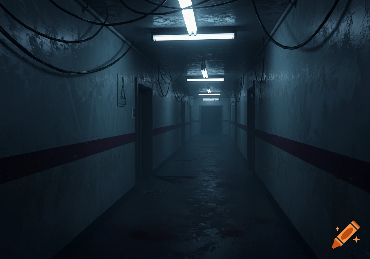 Dimly lit hallway with flickering lights, a red stripe on the wall, and a shadow in the distance.