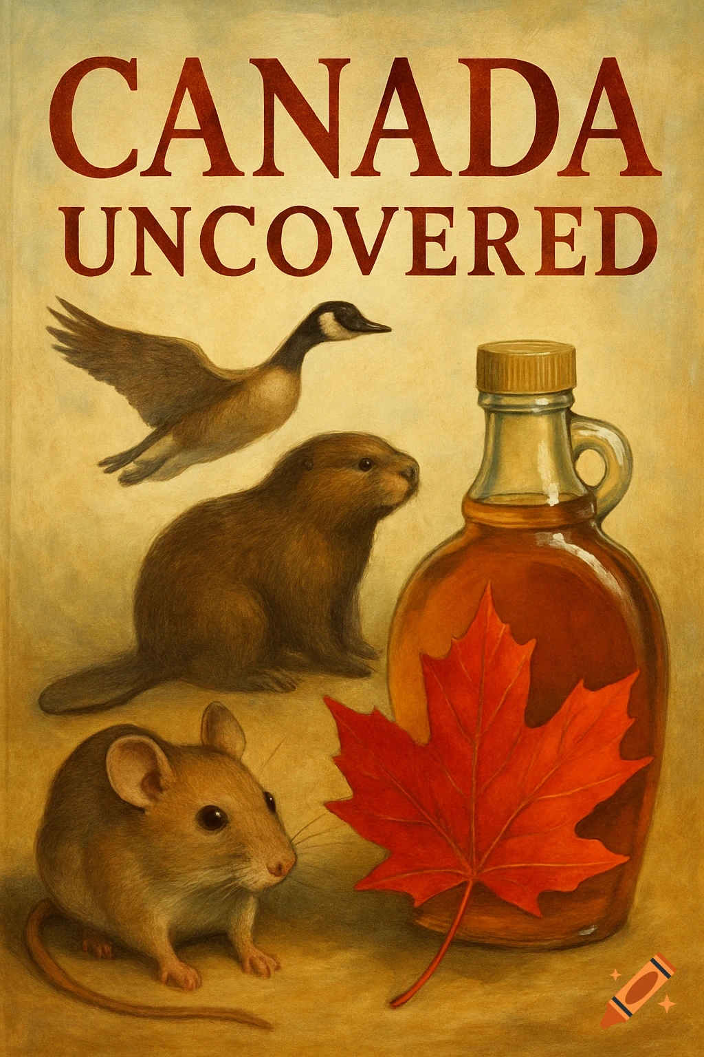 Illustration of a goose, beaver, mouse, maple leaf, and maple syrup bottle with text 'CANADA UNCOVERED'.