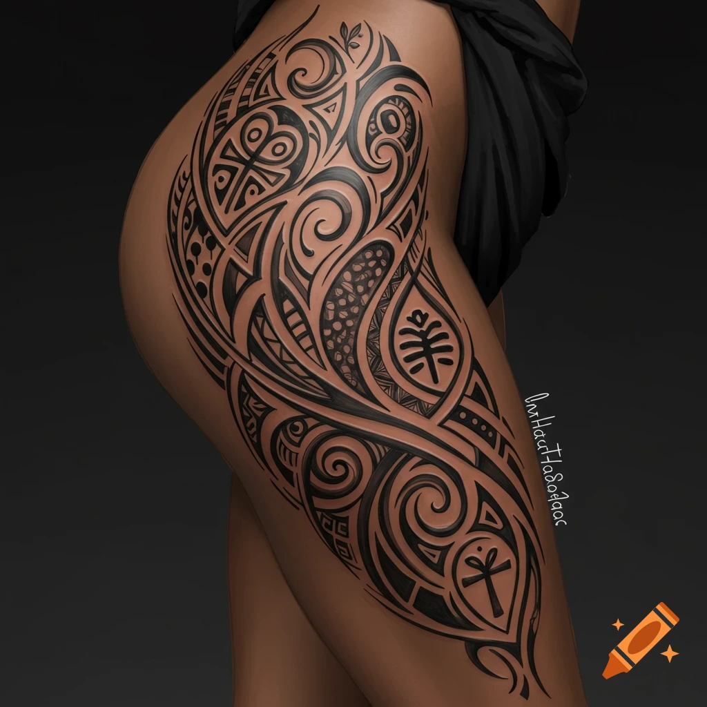 Close-up of a person's thigh with a large black ink tribal pattern tattoo