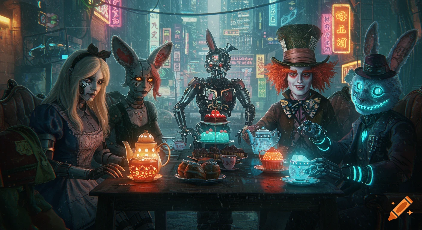 Cyberpunk Alice in Wonderland characters have a tea party in a rainy city.