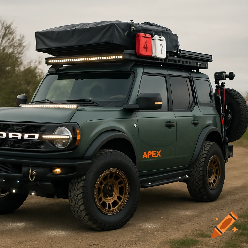 Green Ford Bronco with off-road modifications, roof tent, and gear, parked on a dirt road.