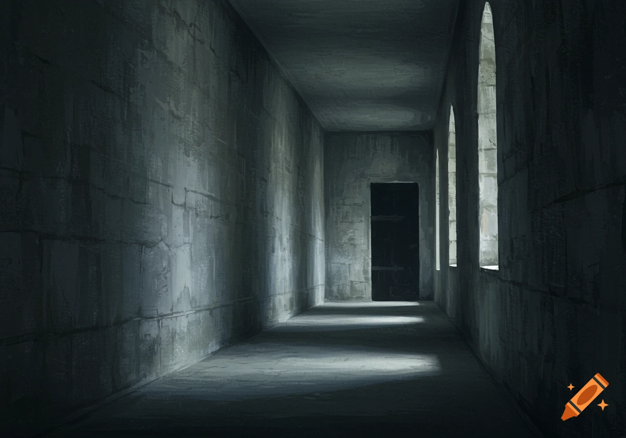 Painting of a dark monastery corridor with a black door at the end, lit by light from tall windows.