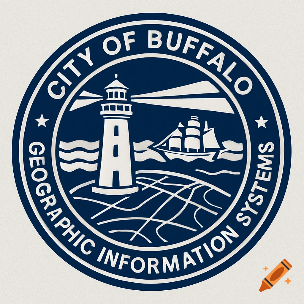 Circular blue and white seal featuring a lighthouse, ship, and waves, with text around the border.