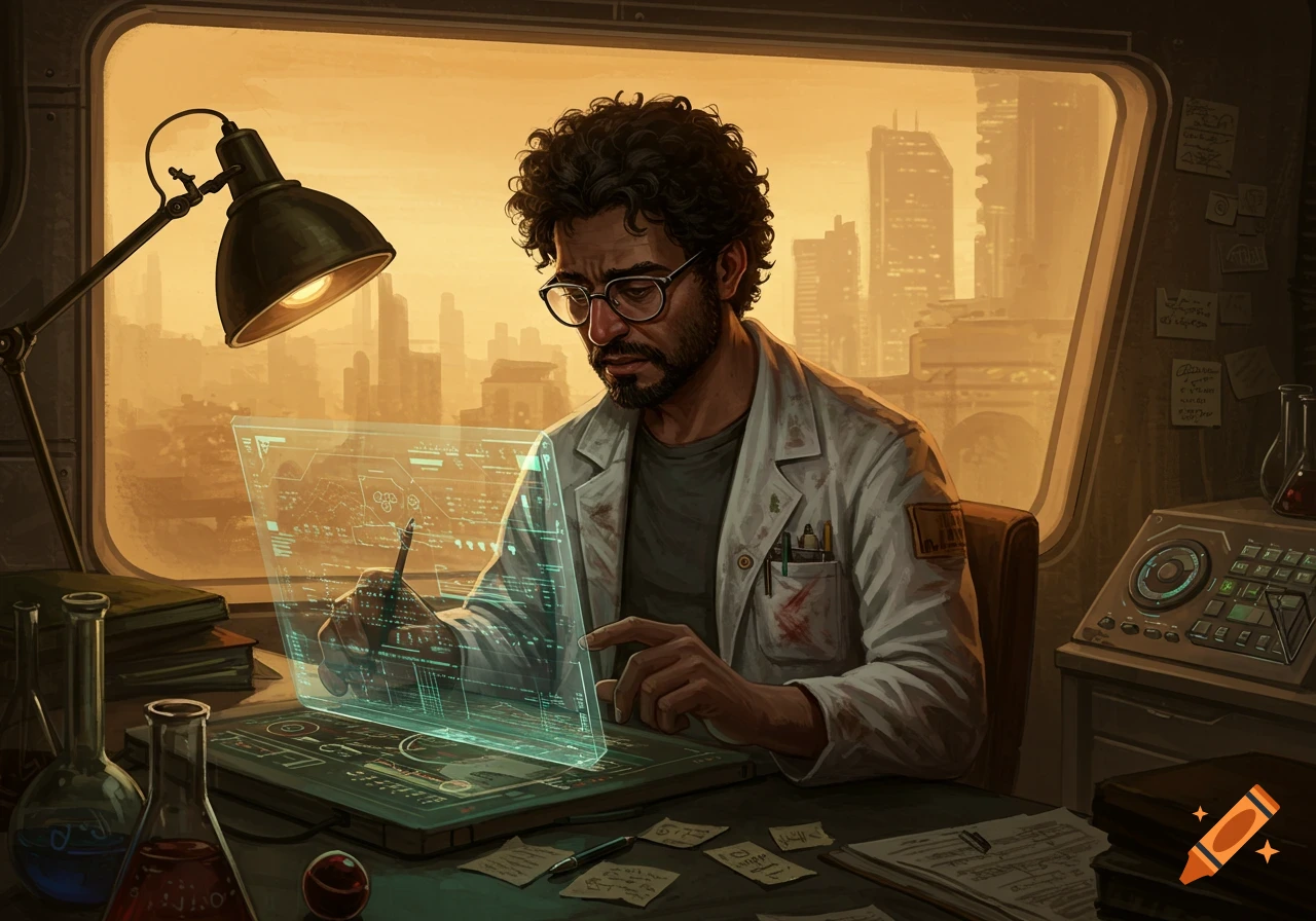 Scientist with glasses working on a futuristic holographic screen in a lab overlooking a city.