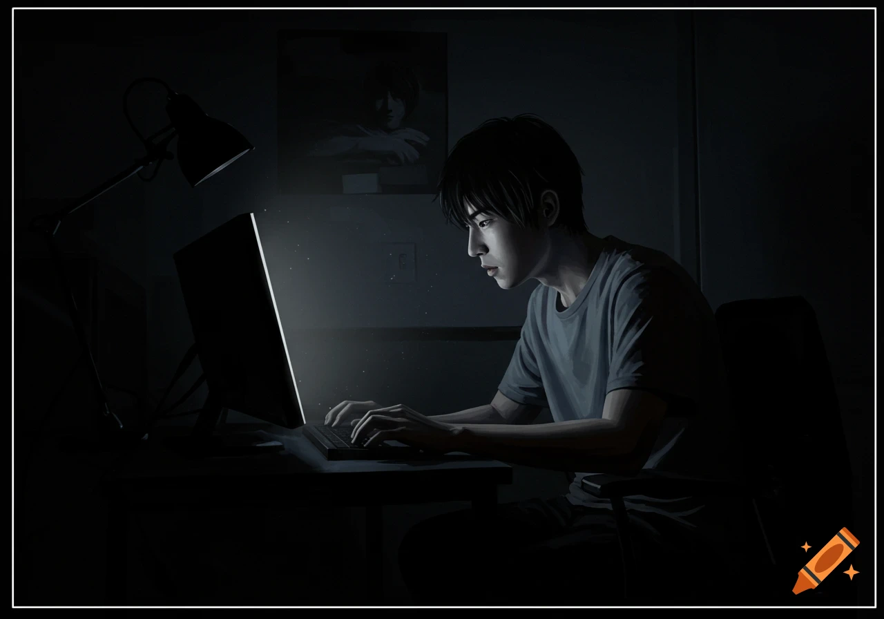 A young man sits in the dark, illuminated by the glow of his computer screen as he types.
