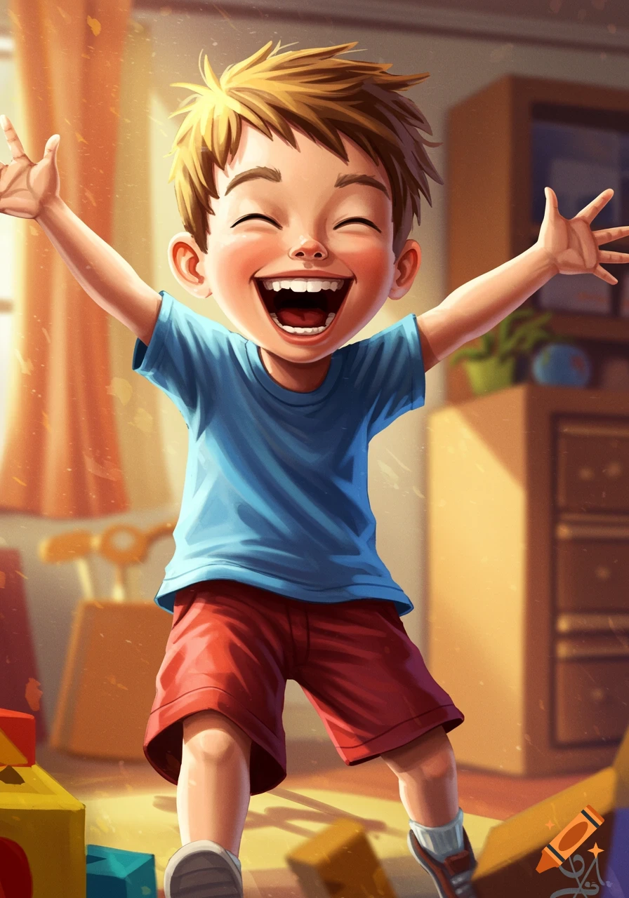 Cartoon boy laughing with arms raised in a messy room with toys