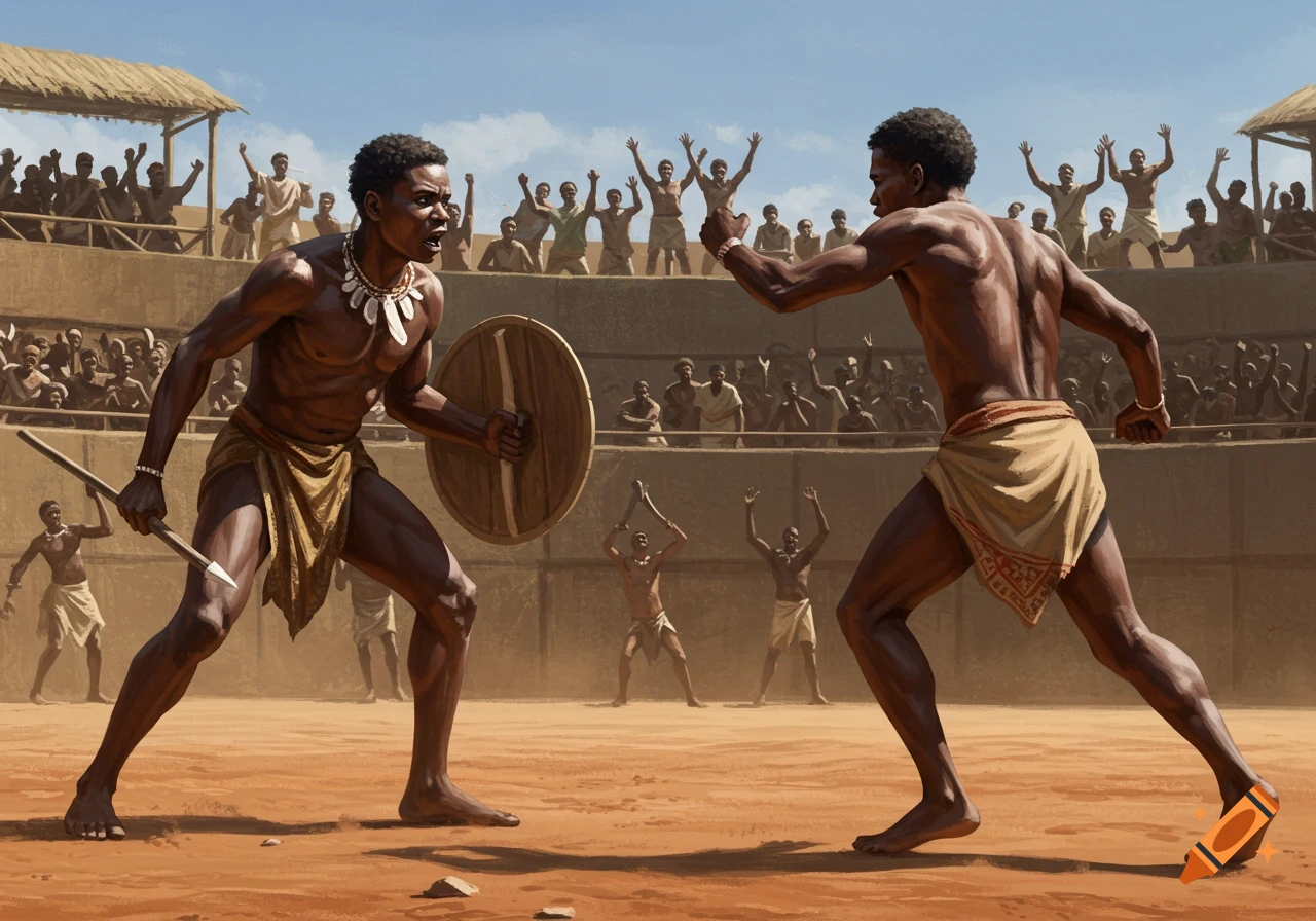 Two men fight with a spear and shield in a dirt arena with a cheering crowd, realistic style.