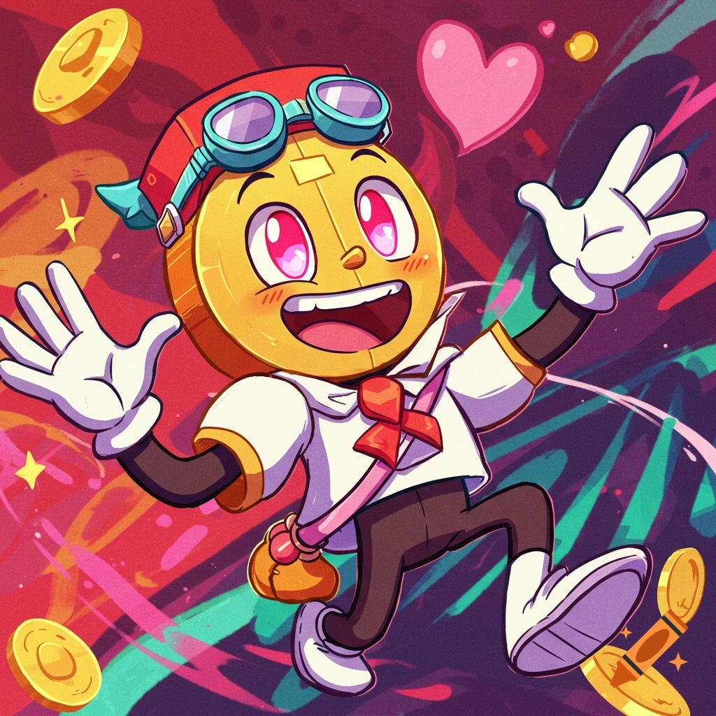 A cheerful cartoon coin character with big eyes, wearing a red cap and goggles, surrounded by floating gold coins and a heart.