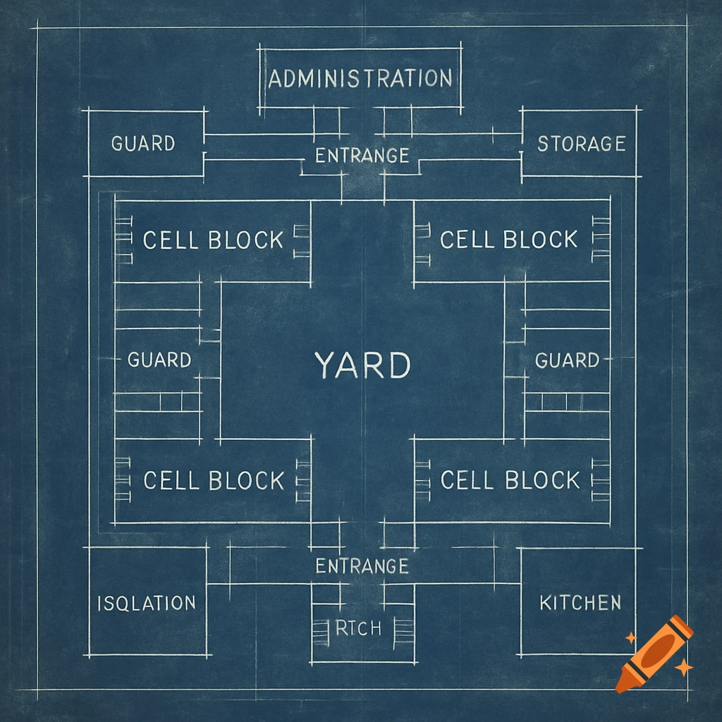 Blueprint diagram showing the layout of a prison, including cell blocks, yard, administration, and other areas.