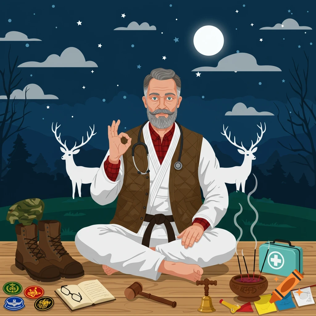 Digital illustration of a man in a gi and vest with stethoscope sitting cross-legged at night, surrounded by deer, boots, book, medical kit, and incense.