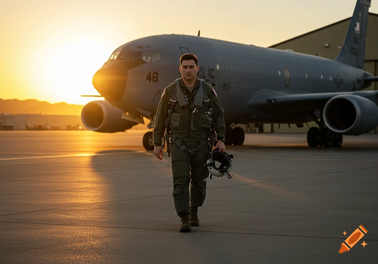 Military pilot walks with helmet on tarmac away from a large aircraft at sunset. Photorealistic style.