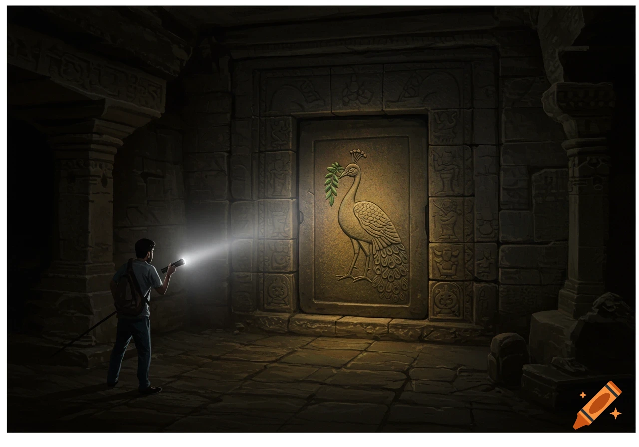 Explorer shines a flashlight on a carved peacock door in a dark, ancient ruin.