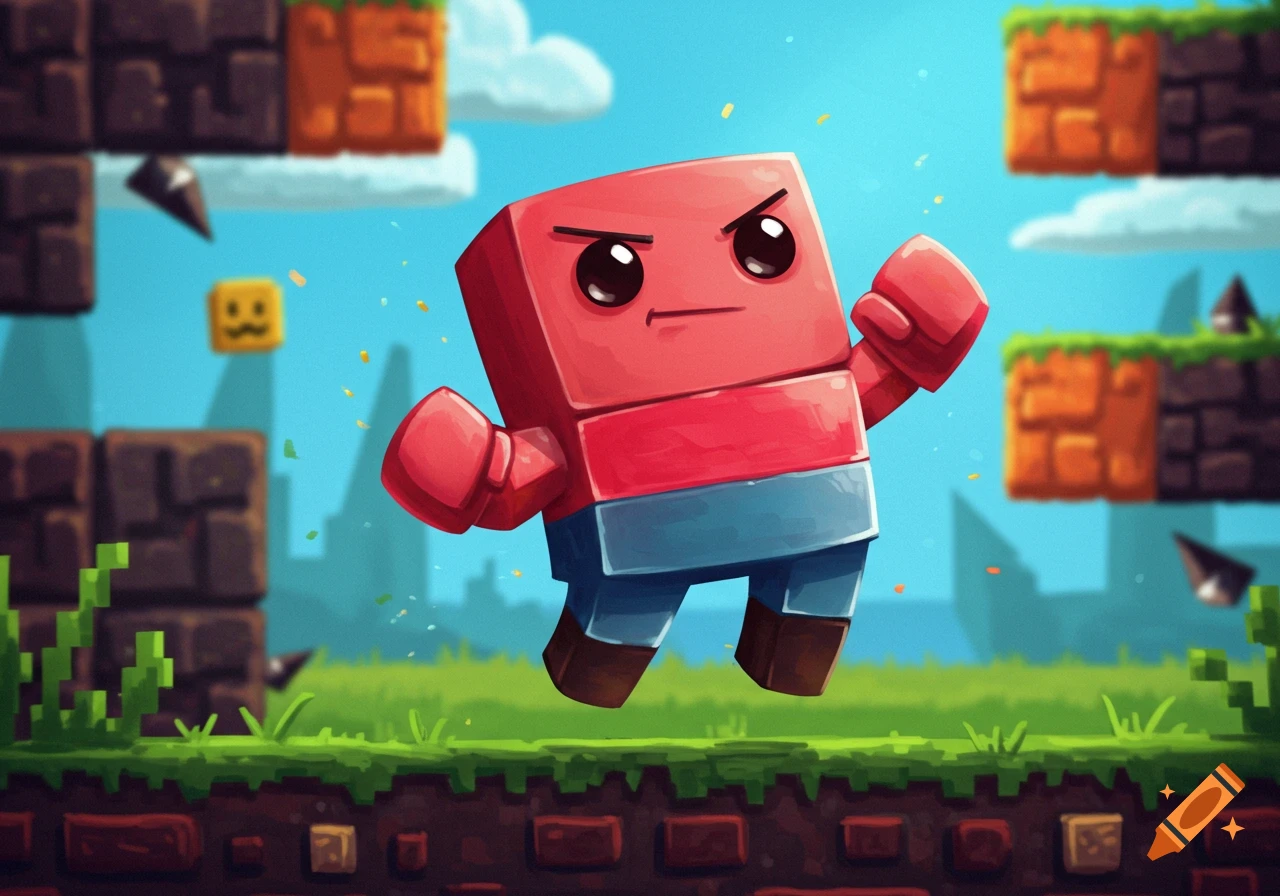 A red cube-shaped character with boxing gloves jumps in a pixelated platformer game environment with block platforms and spikes.