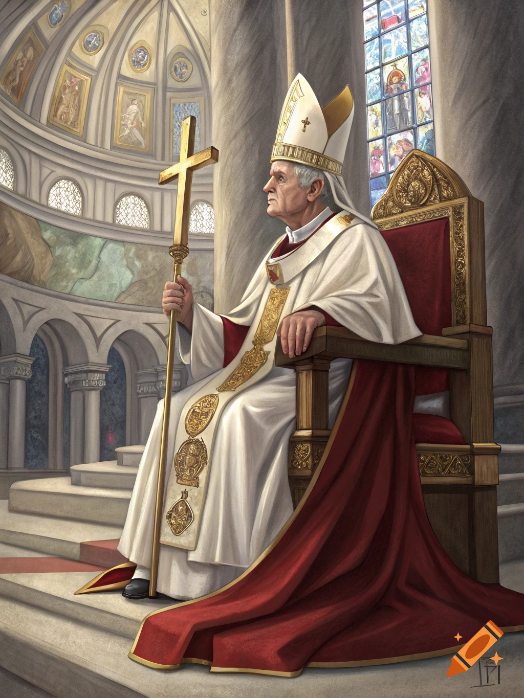 A painting of a Pope sitting on a throne in a church, holding a golden cross