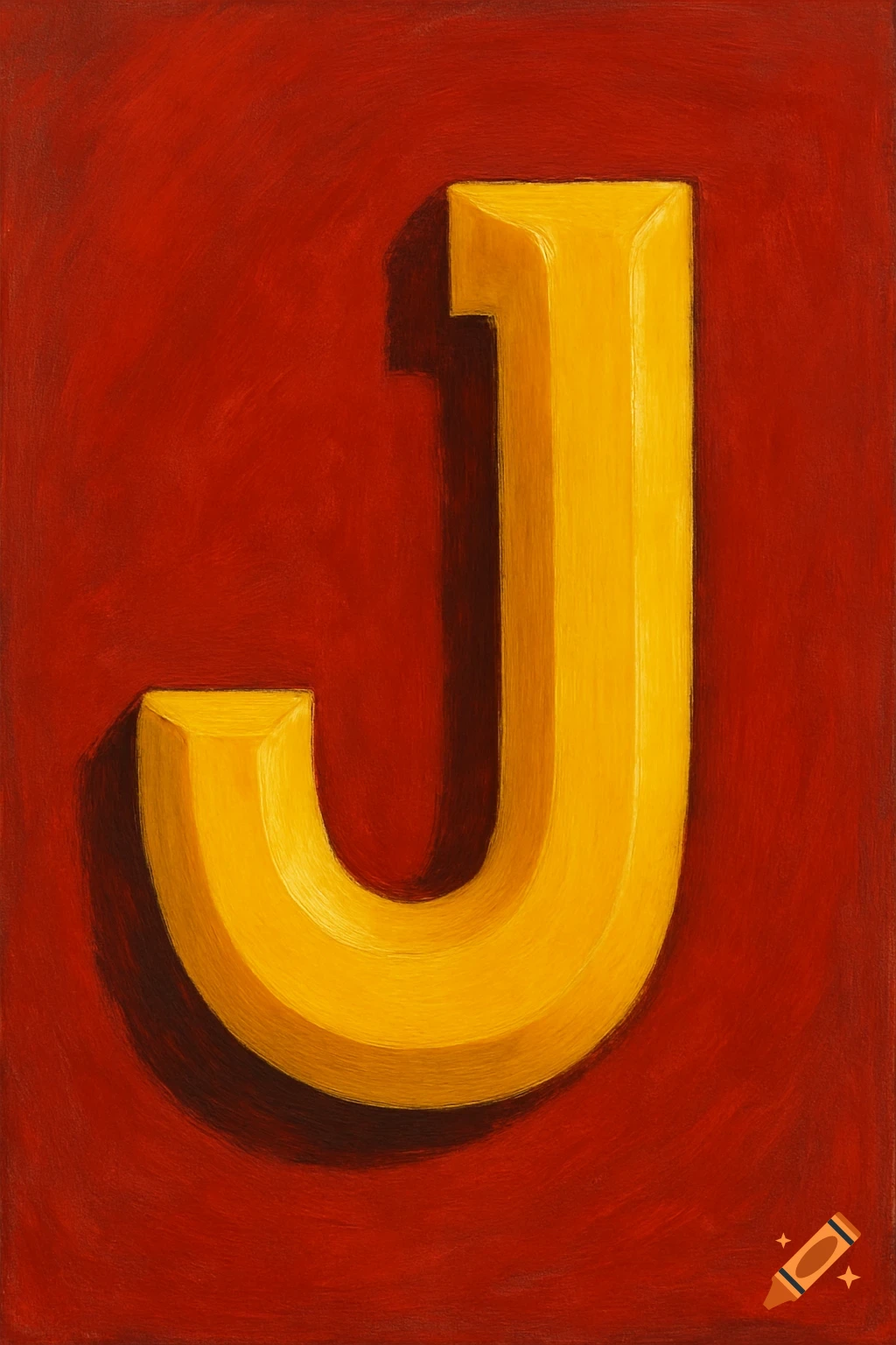 A large yellow letter J on a textured red background.