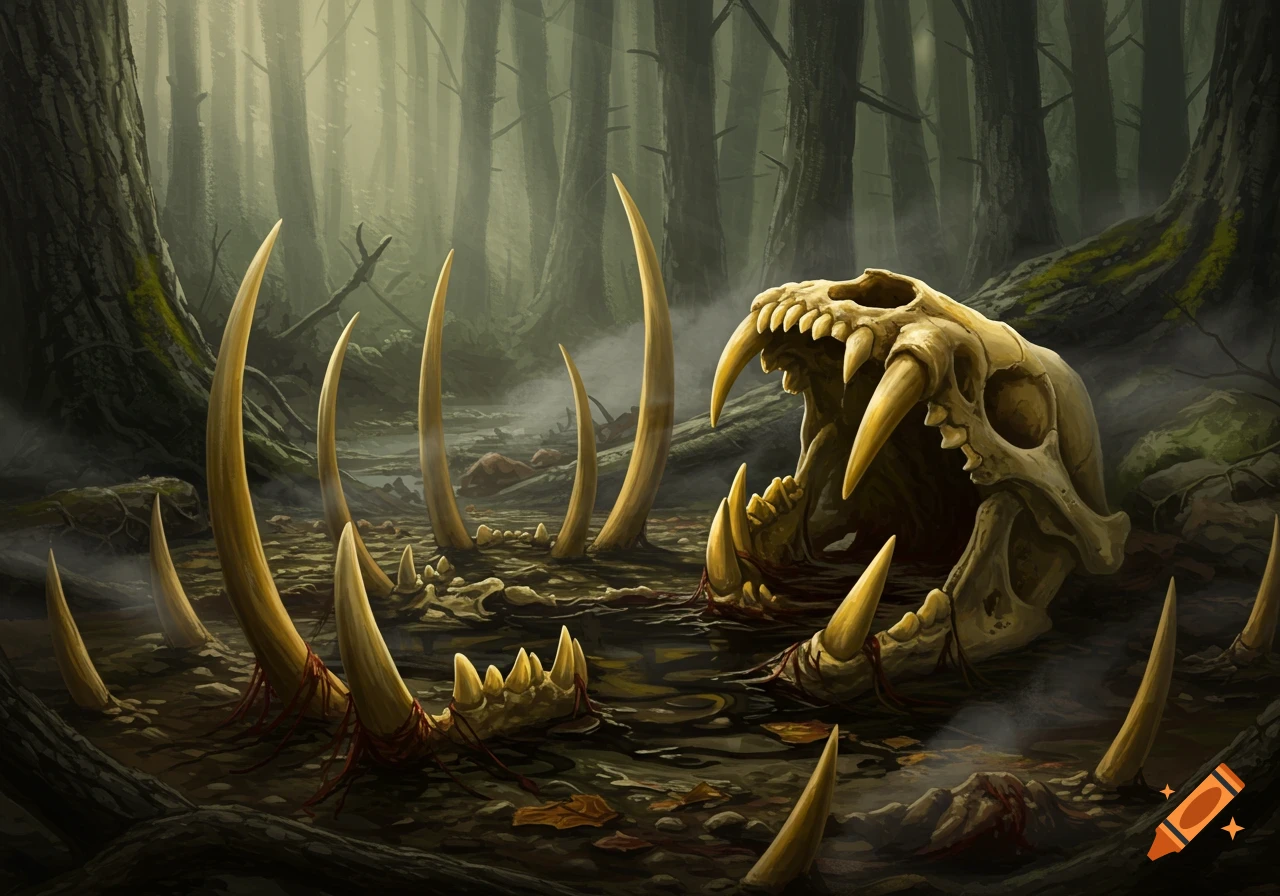 Saber-toothed cat skull and bones in a misty forest, digital illustration.