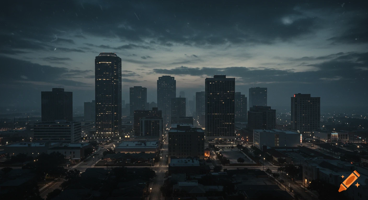 A dark, rainy cityscape at night with tall buildings in Noir style. on ...