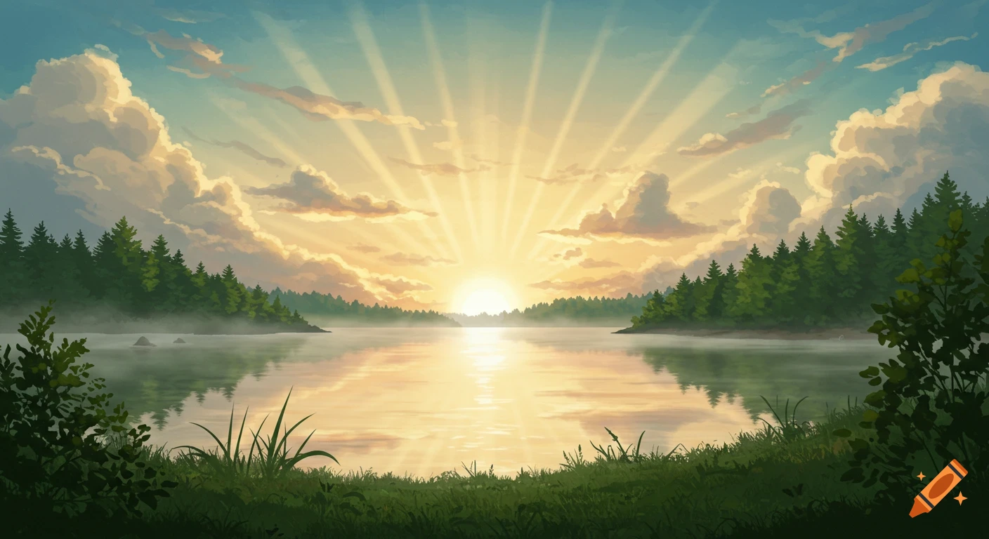 Painterly sunrise over a tranquil lake with reflections, framed by forest banks.