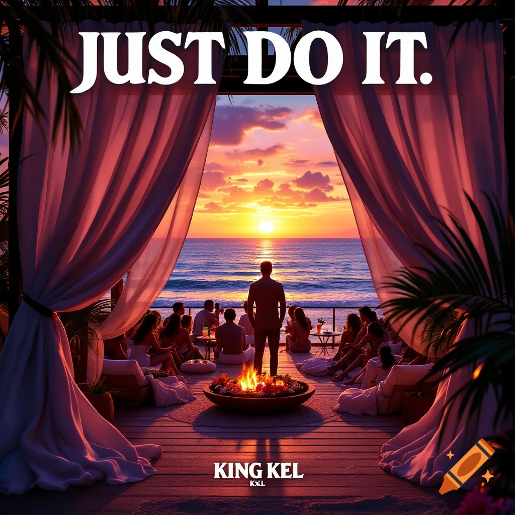 A group of people watch a sunset from a luxury cabana overlooking the ocean with the text "JUST DO IT" and "KING KEL".