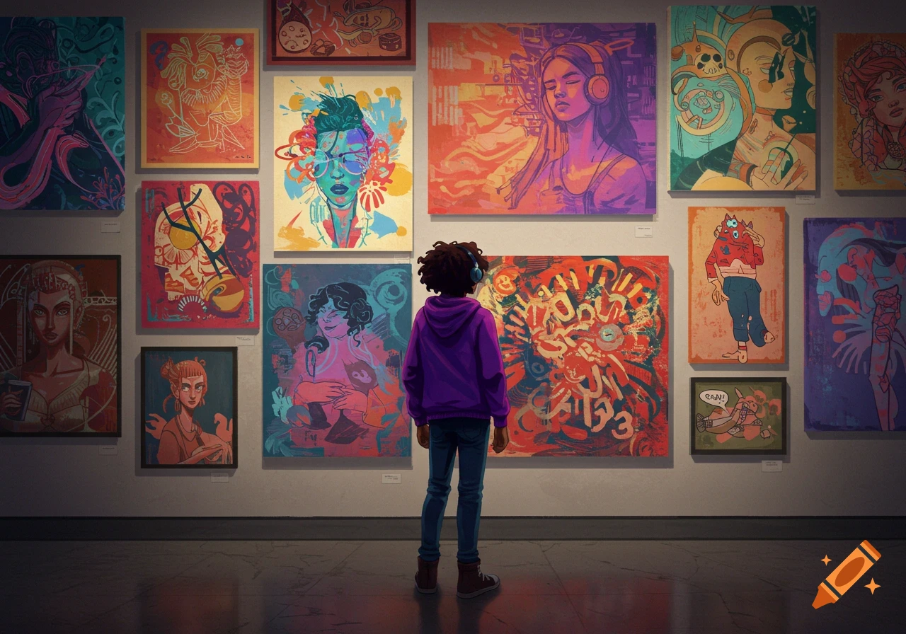 A person stands looking at a wall full of colorful paintings in an art gallery.