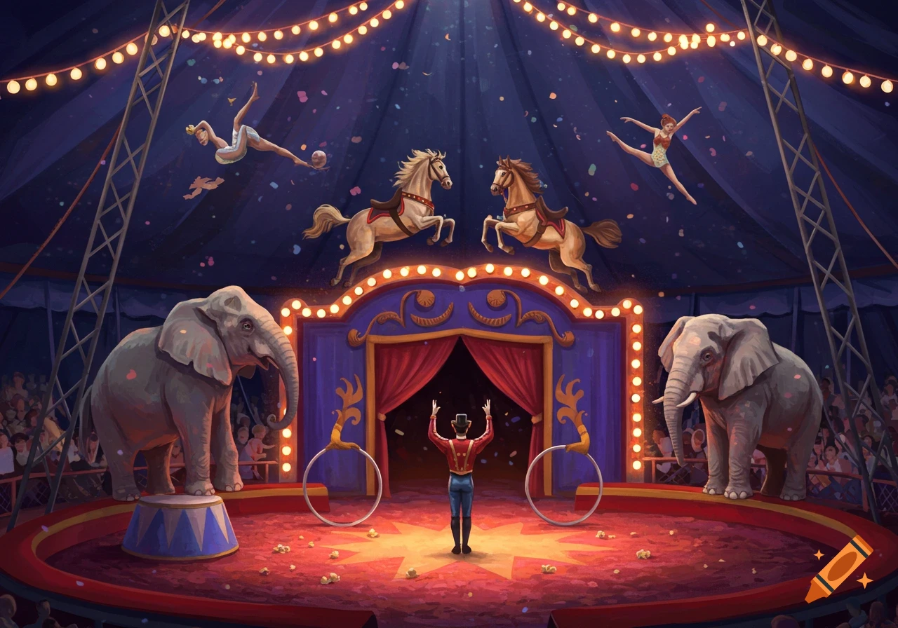 A circus performance with elephants, horses, trapeze artists, and a ringmaster under a tent.