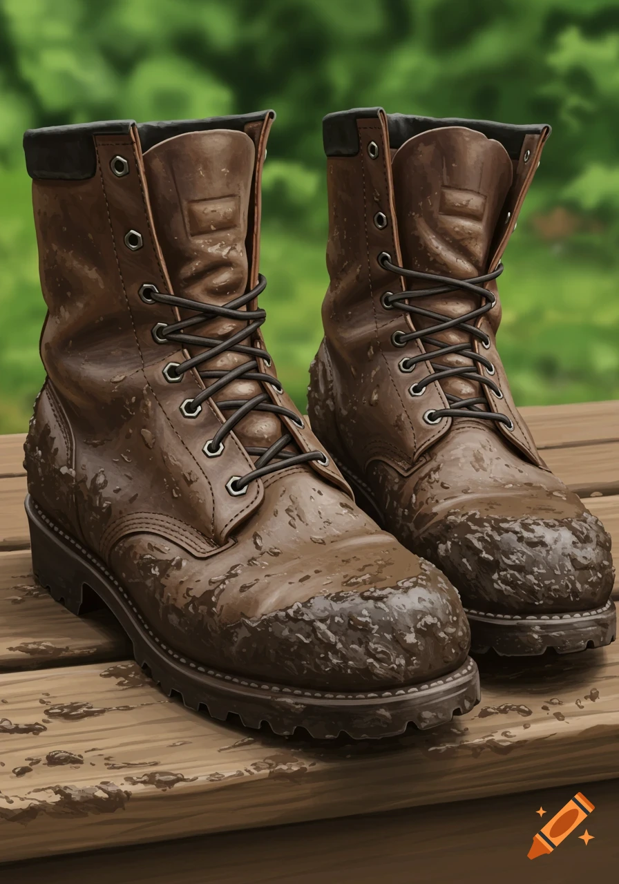 A pair of muddy brown leather work boots sit on a wooden surface.