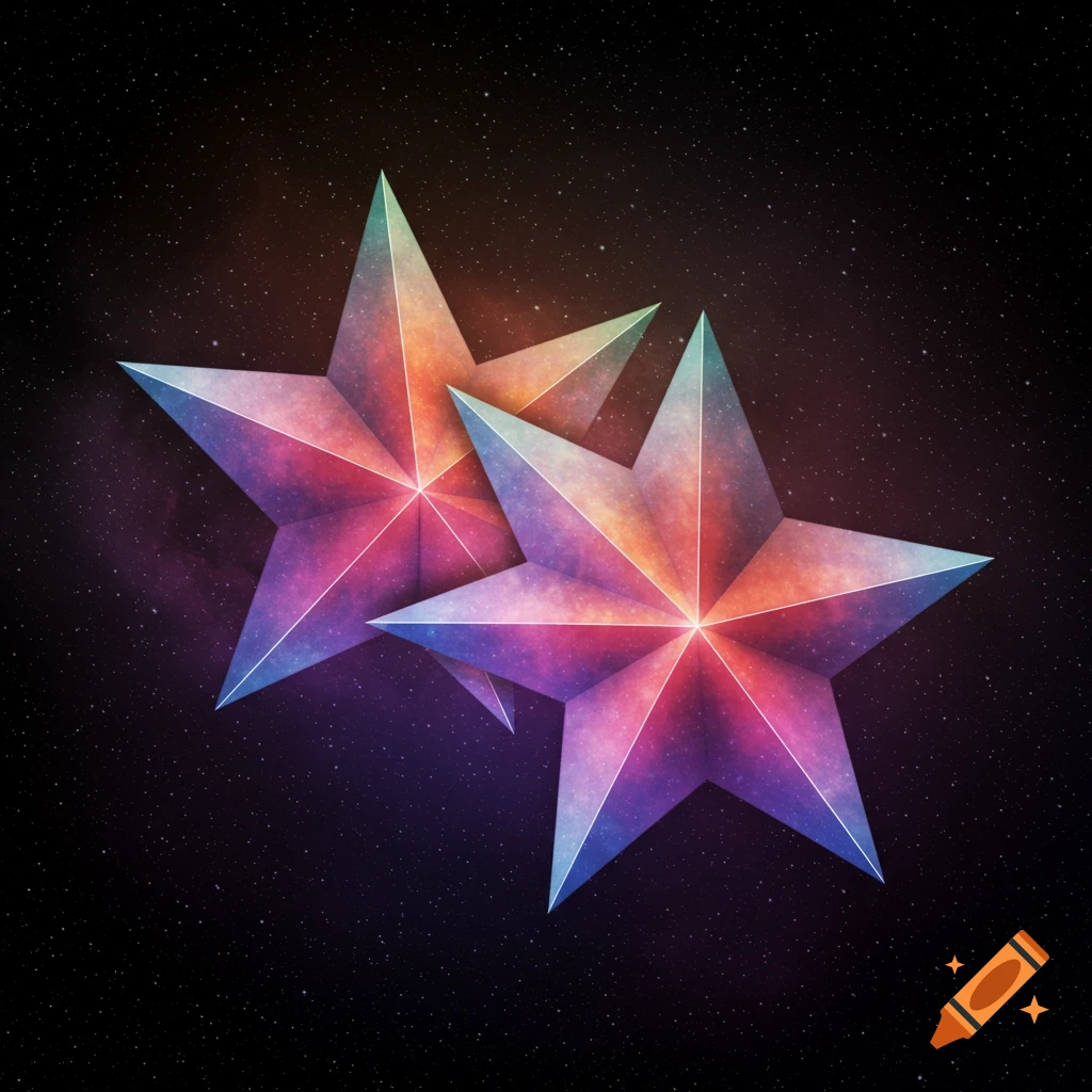 Two colorful overlapping stars against a starry background.