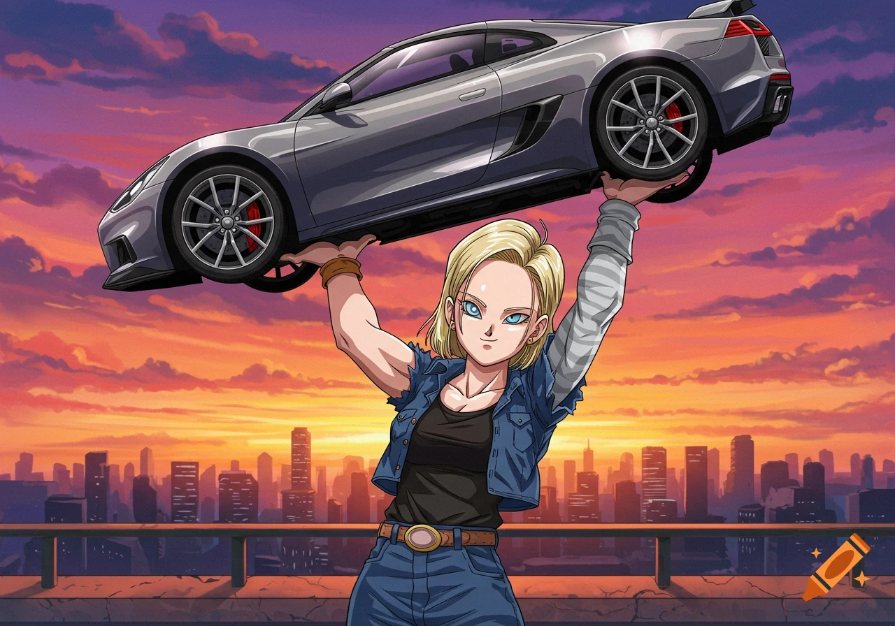 Android 18 lifts a car on a rooftop overlooking a city skyline at sunset in an anime style.