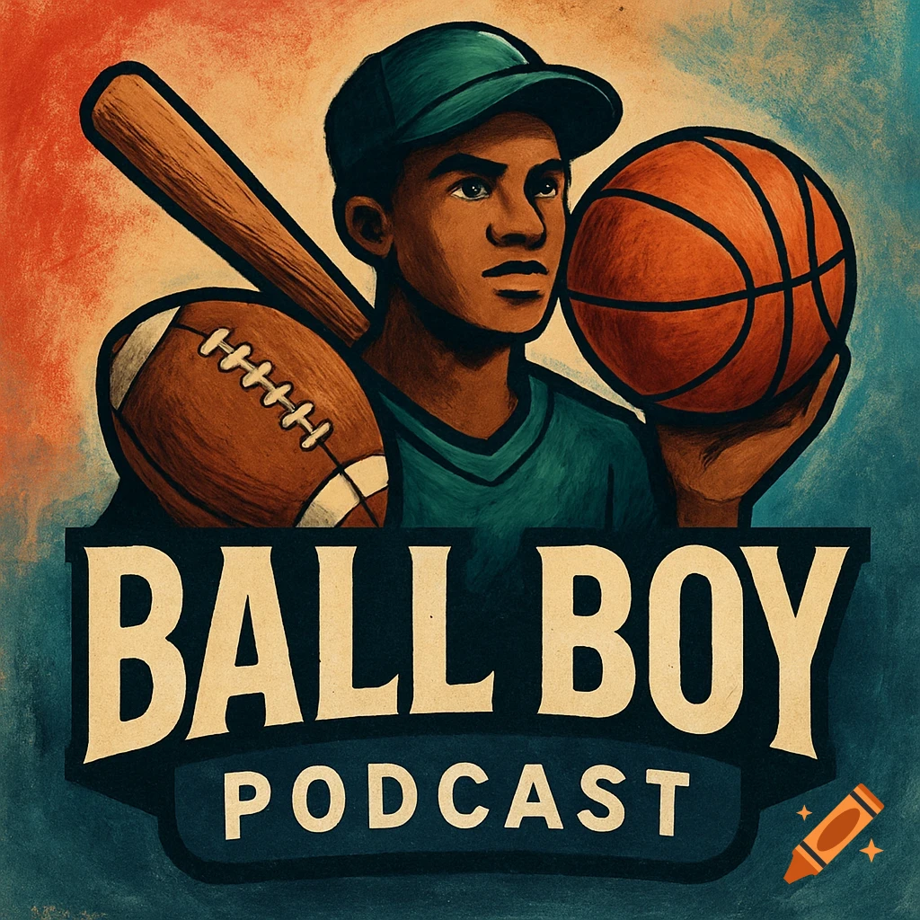 Illustration of a young person with a baseball bat, football, and basketball, with 'BALL BOY PODCAST' text.