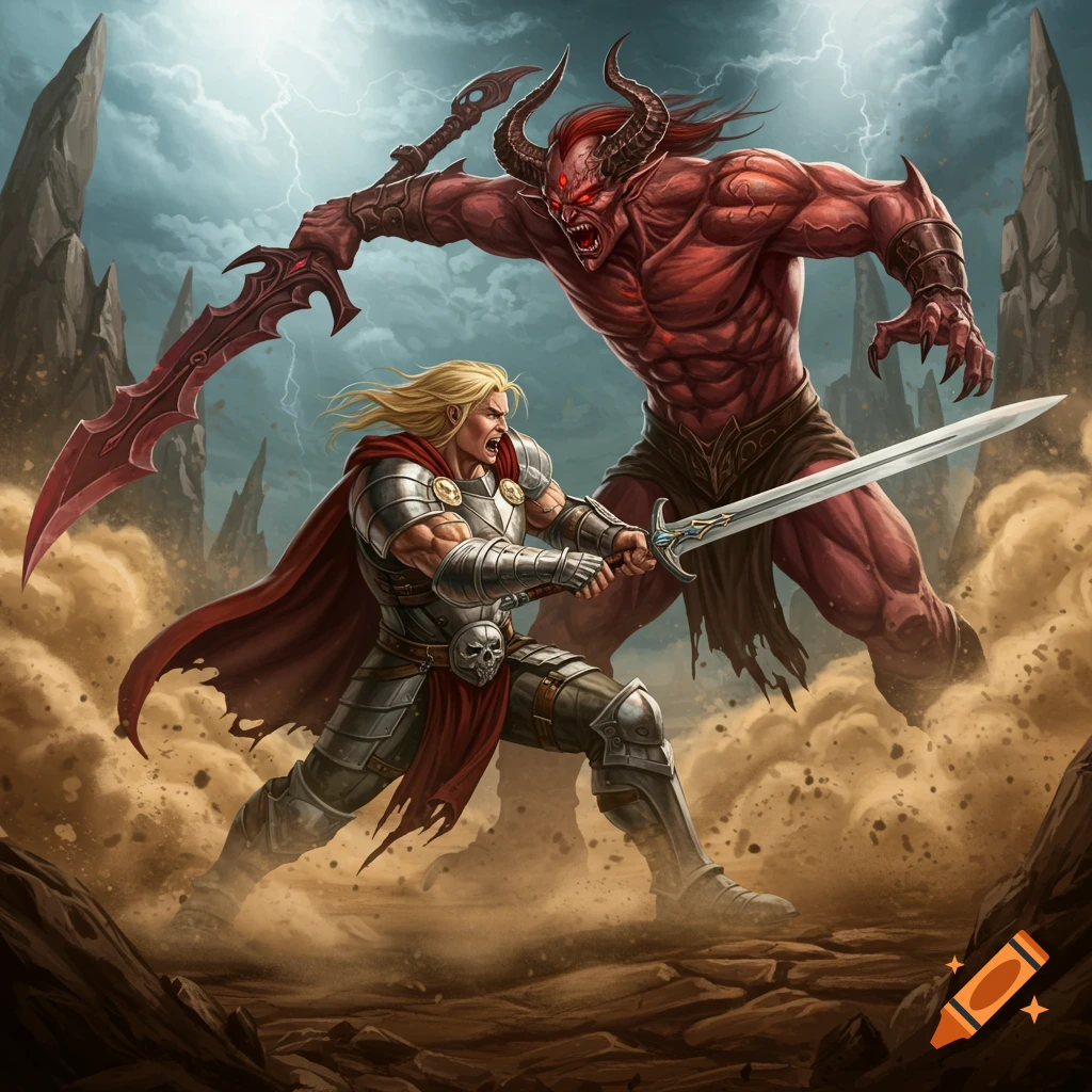Demonic Combat A blonde warrior in armor fights a red demon with a sword. on Craiyon