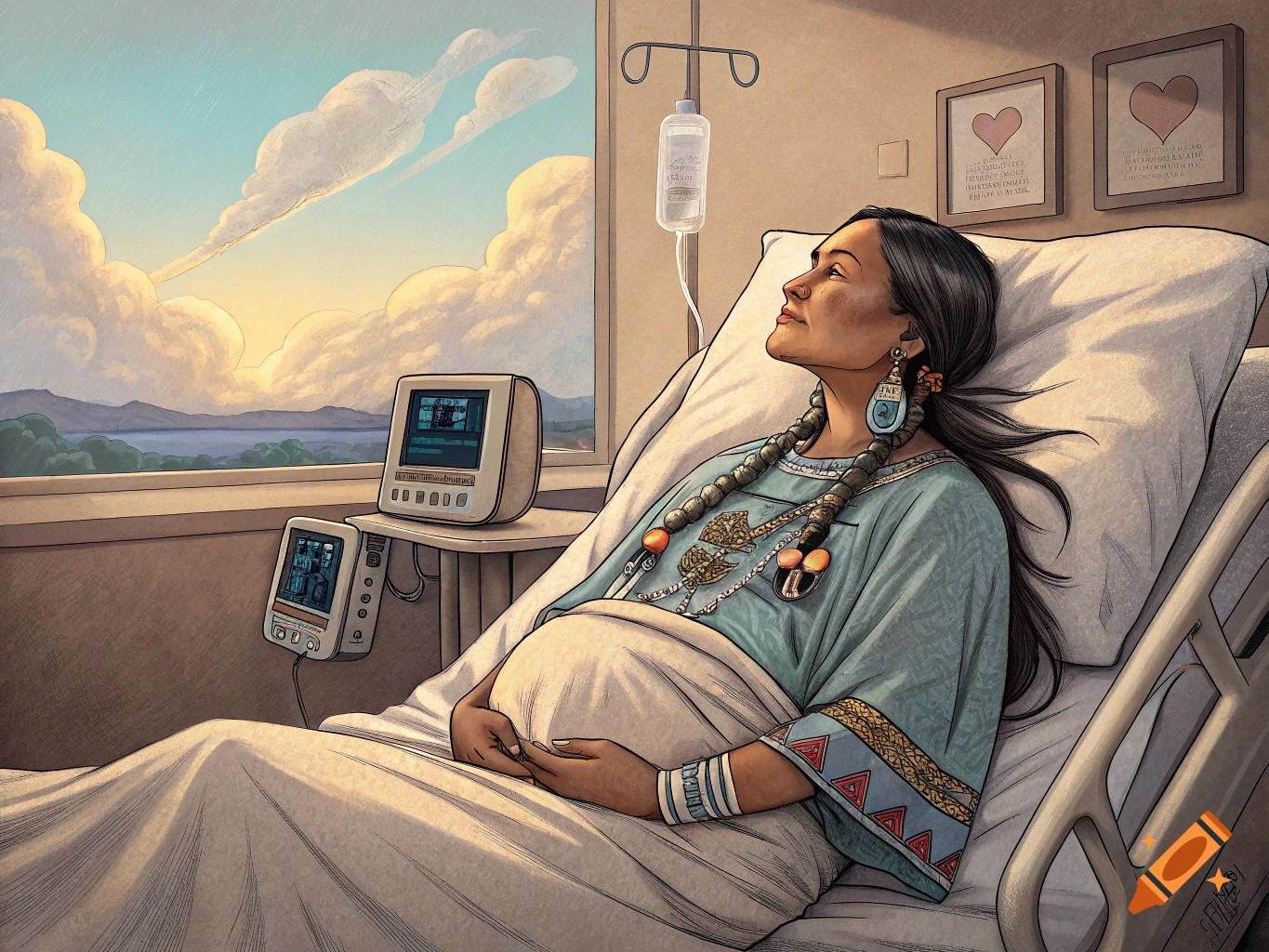 Pregnant Native American woman in hospital bed looks out window at view.