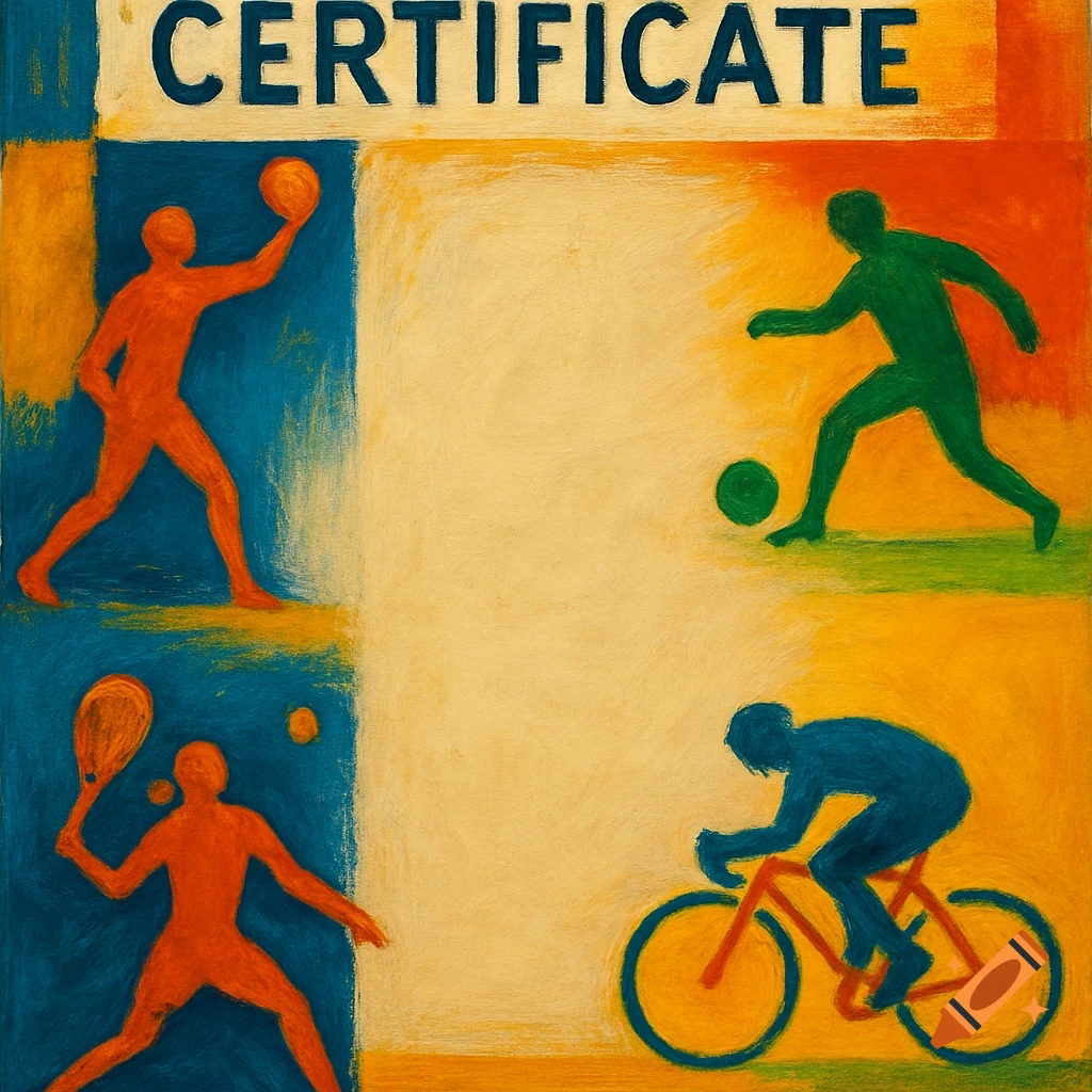 Painting-style sports certificate template with abstract figures playing volleyball, soccer, tennis, and cycling in color blocks.