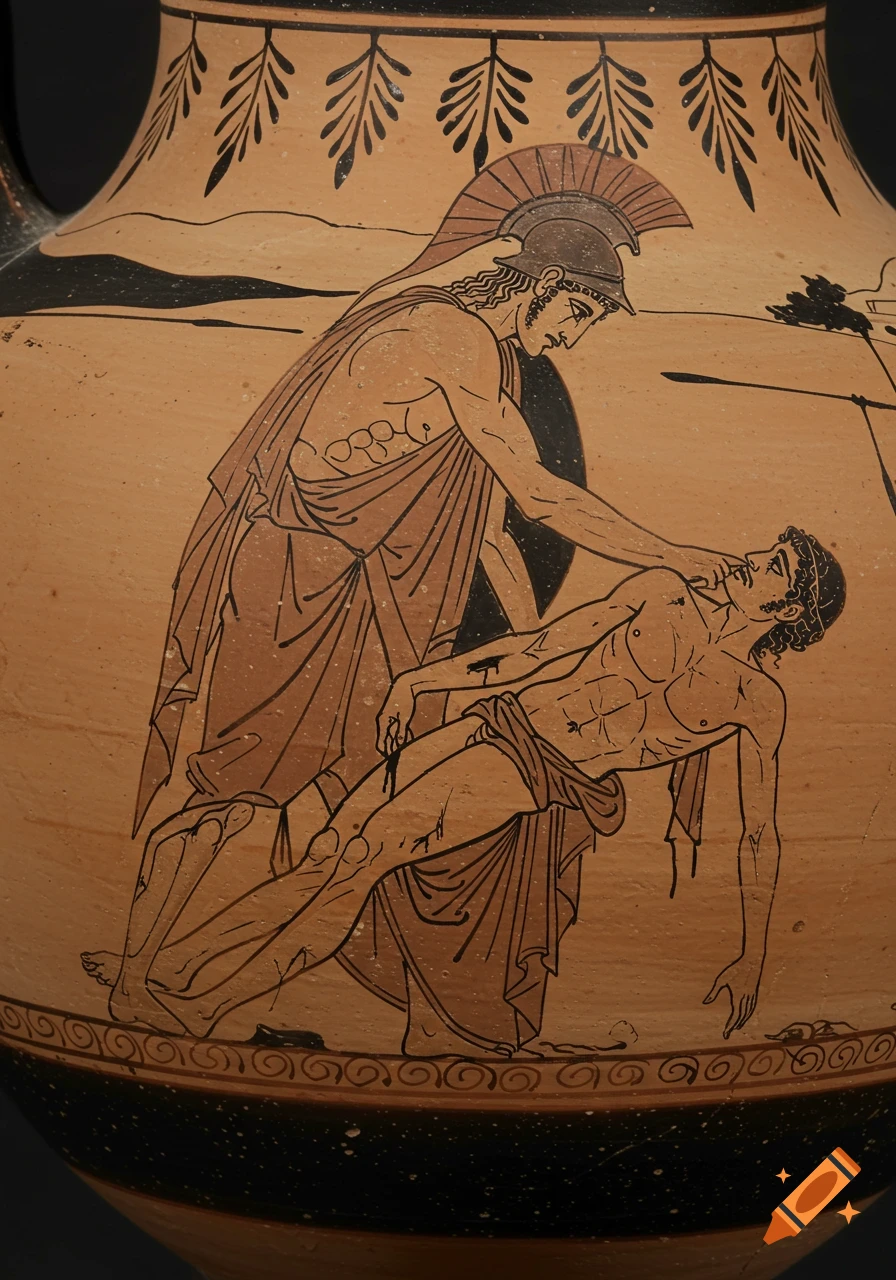 Archaic Greek pottery depicting a warrior looking over a fallen man.