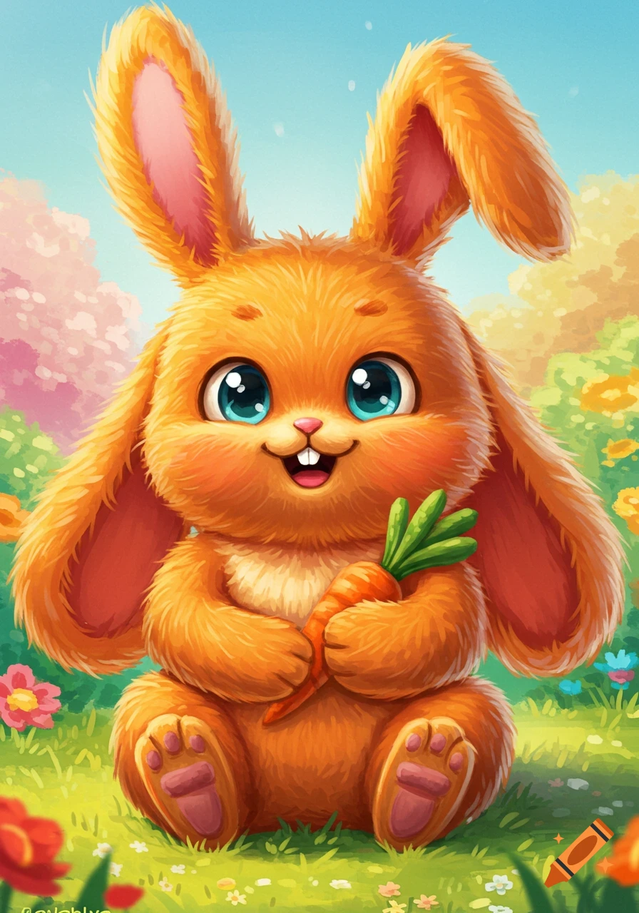 A cute, fluffy orange bunny with big blue eyes holds a carrot in a flowery field.