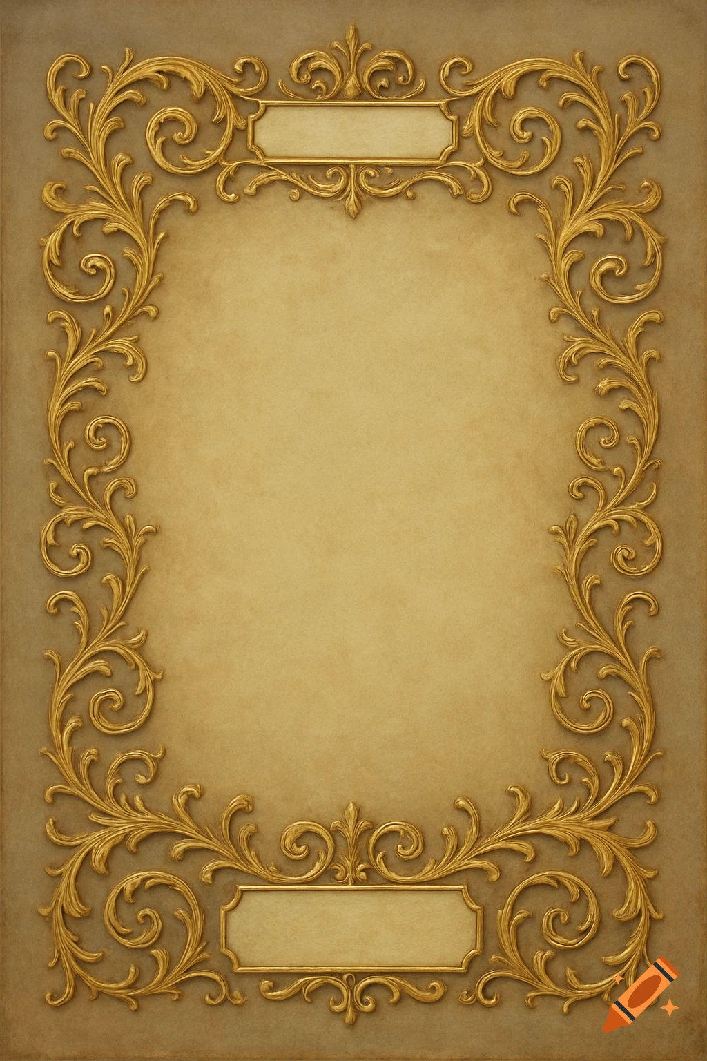 Ornate gold filigree frame on a textured background with spaces for text.