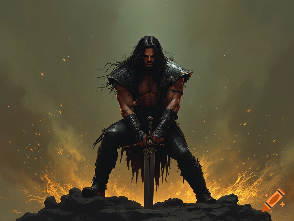 Fantasy warrior kneeling on rocks with sword, surrounded by fire and smoke.