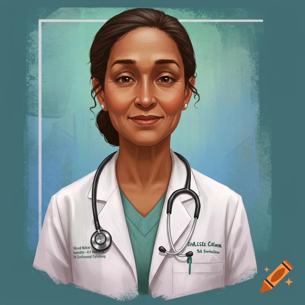 Digital illustration of a female doctor in a white coat and stethoscope