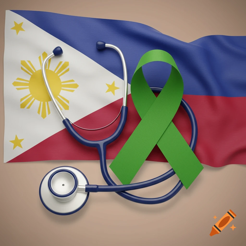 Philippine flag, stethoscope, and green ribbon on a beige background.