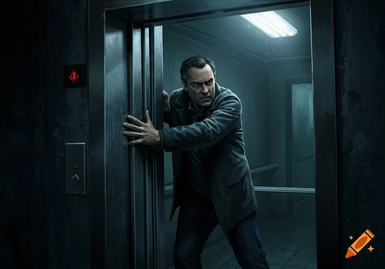 Man struggles to open elevator doors in a dark, suspenseful scene.