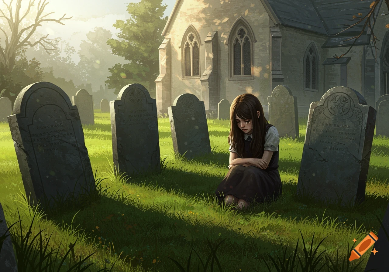 An illustration of a sad girl sitting in a graveyard next to a church.