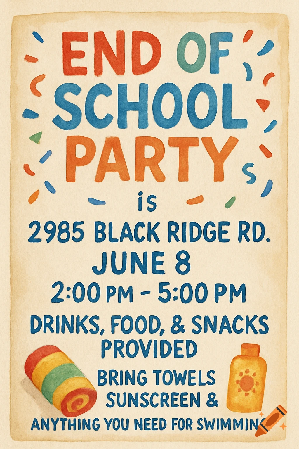 Watercolor poster for an end of school party with details about location, date, time, food, and swimming.