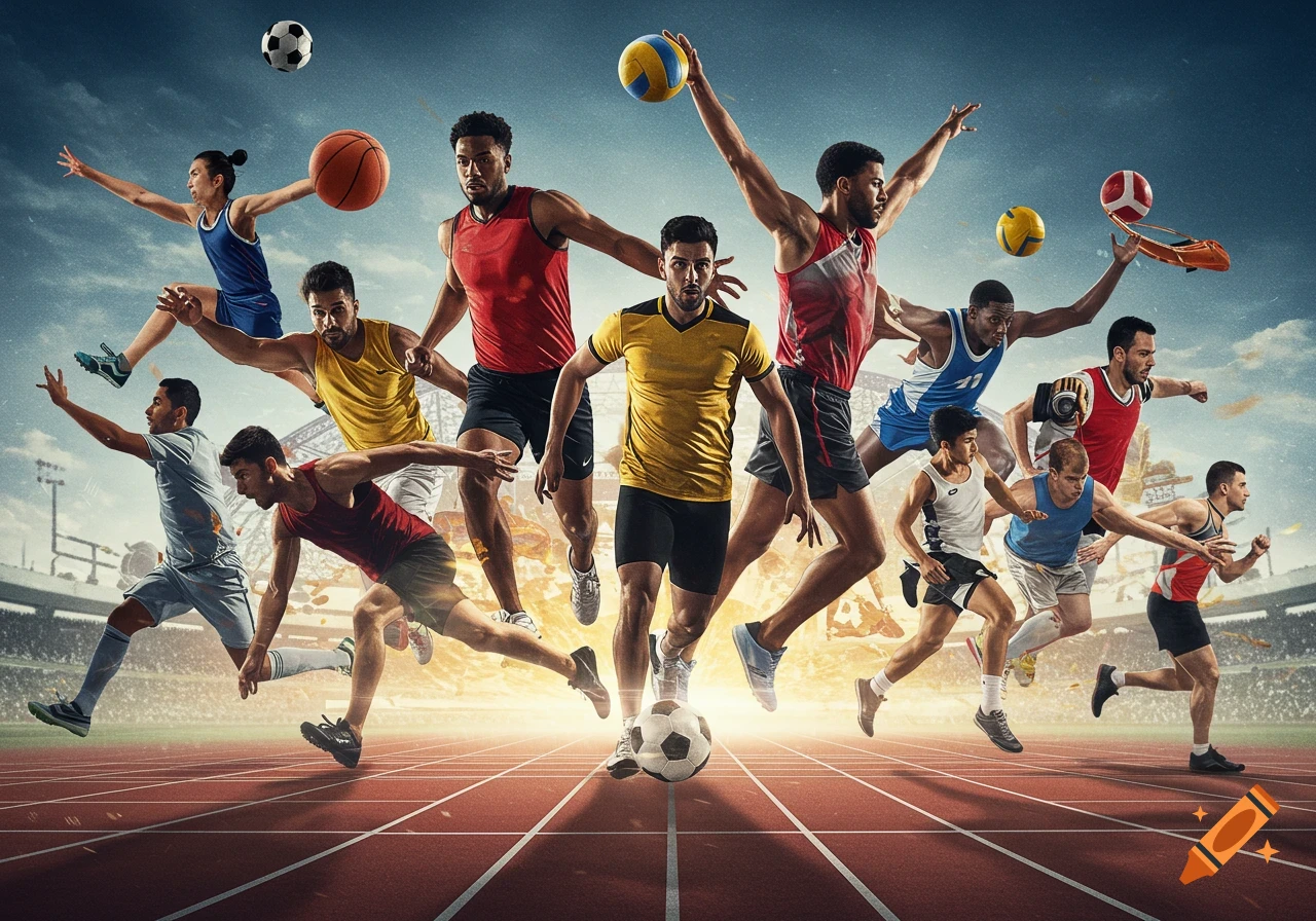 Dynamic montage of diverse athletes from multiple sports including running, basketball, volleyball, and soccer in action poses on a track.