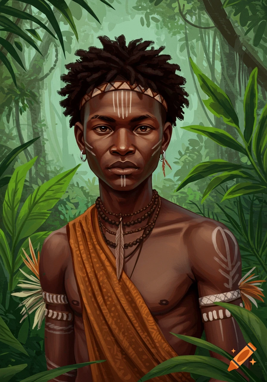 Illustrated portrait of a person with tribal paint and attire in a jungle.