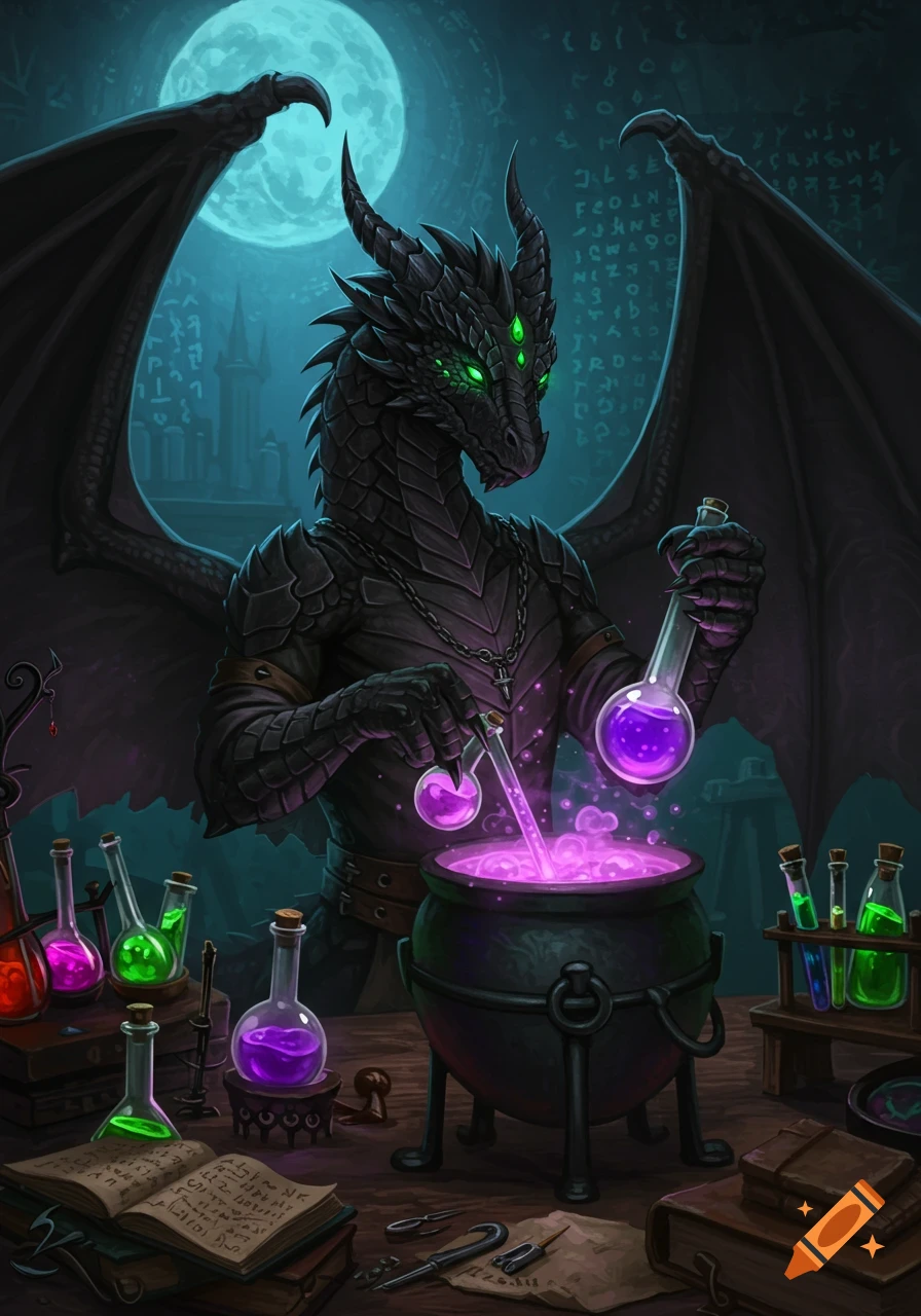 A black dragon alchemist mixes a glowing purple potion in a cauldron, surrounded by bottles and books in a dark laboratory.