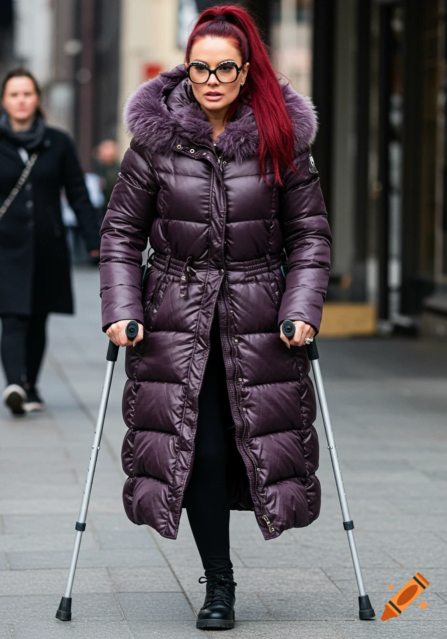 Woman with red ponytail, glasses, long purple puffer coat, leggings, and boots walks with crutches down a street.