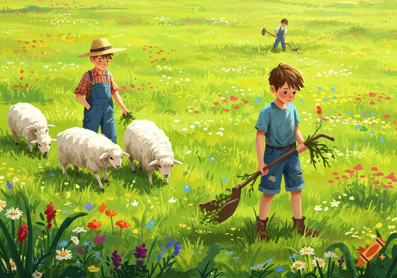 Illustration of two boys and sheep in a field. One boy feeds sheep, the other works with a tool in the weeds.