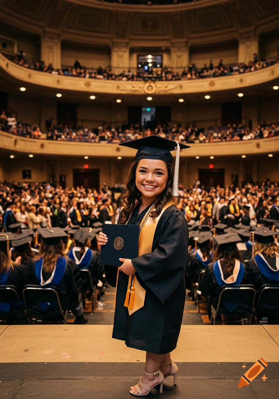 A woman in a cap and gown holds a diploma on stage at a graduation ceremony.